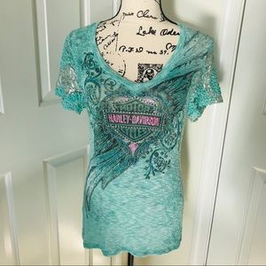 “Harley Davidson” sweater-like Sequins & Lace Tee